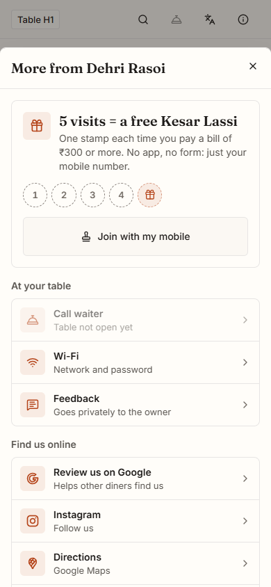 Guest More sheet with call waiter, Wi-Fi and links